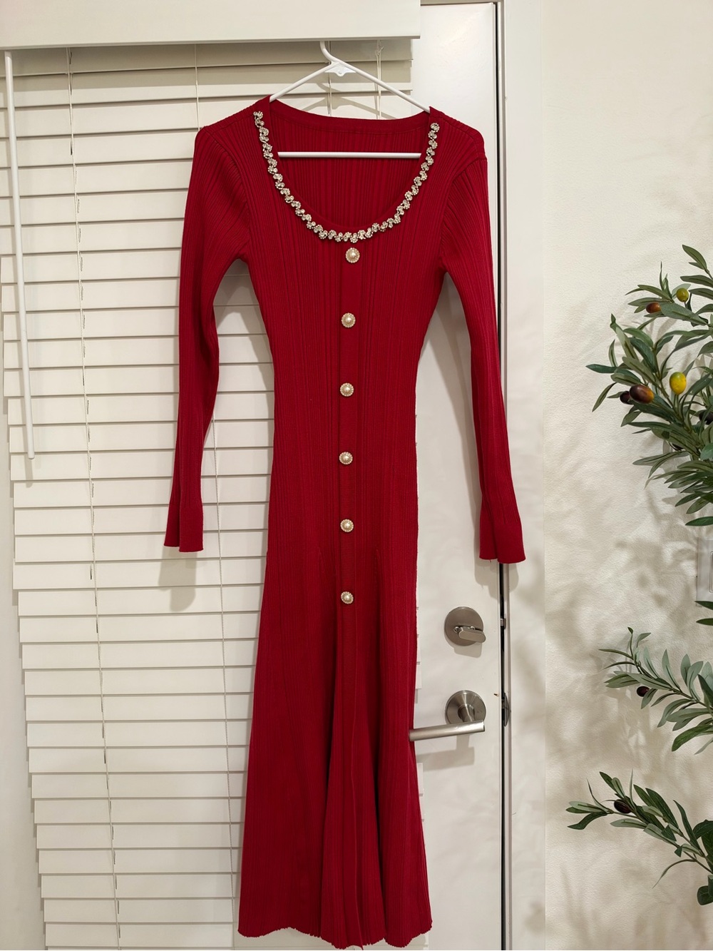 $345 Rhinestone like Detail Long Sleeve Knit Dress